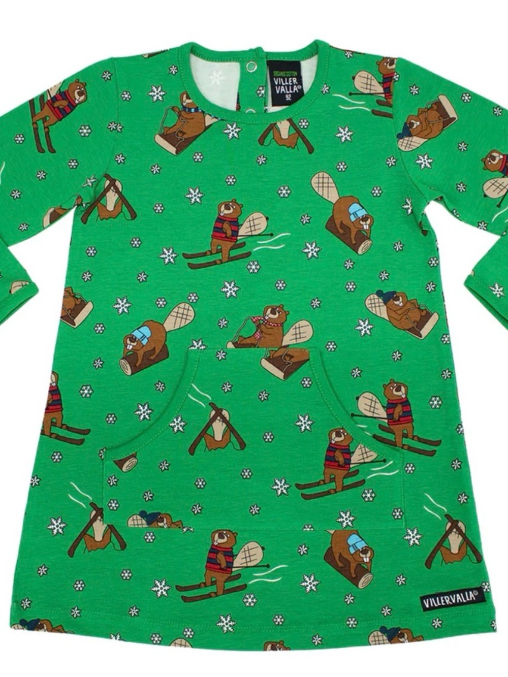 Villervalla Green Beaver Ski Print Dress Sz 116cm